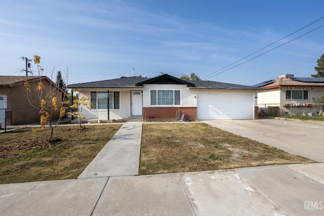 single story home with a front yard and a garage