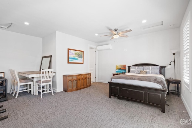 carpeted bedroom featuring attic access, an AC wall unit, baseboards, and recessed lighting
