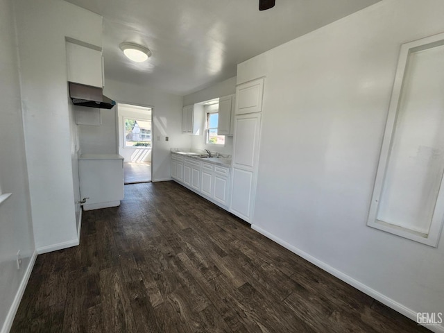 209 Bedford Way, Bakersfield, CA 93308 - kitchen featuring a sink, extractor fan, dark wood-style floors, and white cabinets