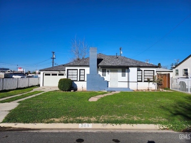 209 Bedford Way, Bakersfield, CA 93308 - view of front of house with a front yard, concrete driveway, fence, and a chimney