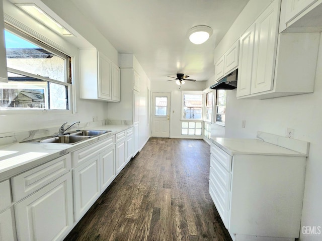 209 Bedford Way, Bakersfield, CA 93308 - kitchen featuring dark wood finished floors, white cabinetry, ceiling fan, and a sink