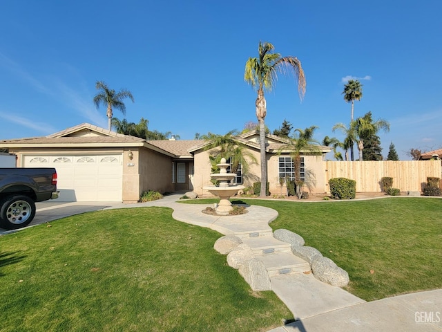 ranch-style house featuring a garage and a front lawn