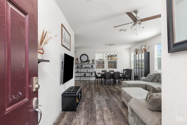 5906 Commonwealth Ave, Bakersfield, CA 93313 - living room featuring dark wood finished floors and ceiling fan