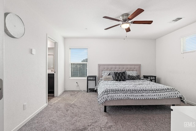5906 Commonwealth Ave, Bakersfield, CA 93313 - bedroom featuring light carpet, a ceiling fan, and connected bathroom
