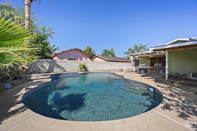 2716 Bladen St, Bakersfield, CA 93309 - view of swimming pool with a fenced backyard, a patio area, and grilling area