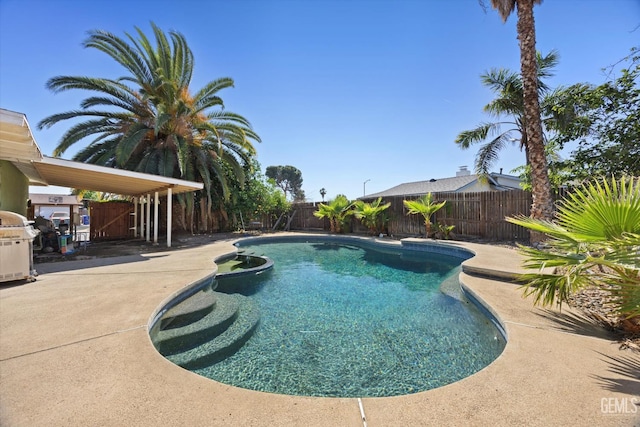 2716 Bladen St, Bakersfield, CA 93309 - view of swimming pool featuring a fenced backyard, a patio, and a grill