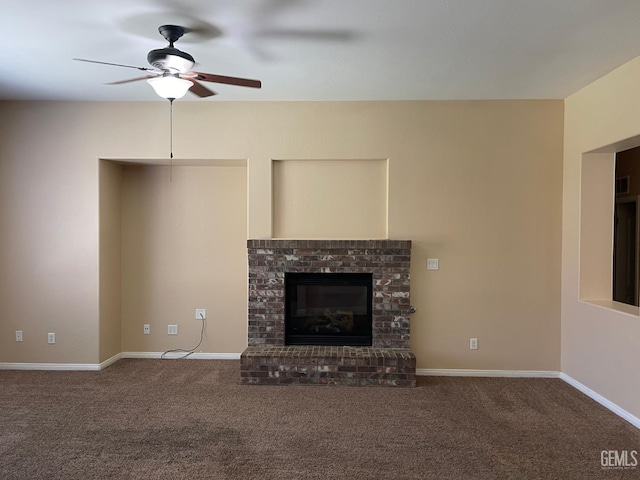 11016 Snowcreek Falls Ave, Bakersfield, CA 93312 - unfurnished living room with a ceiling fan, carpet, and a brick fireplace