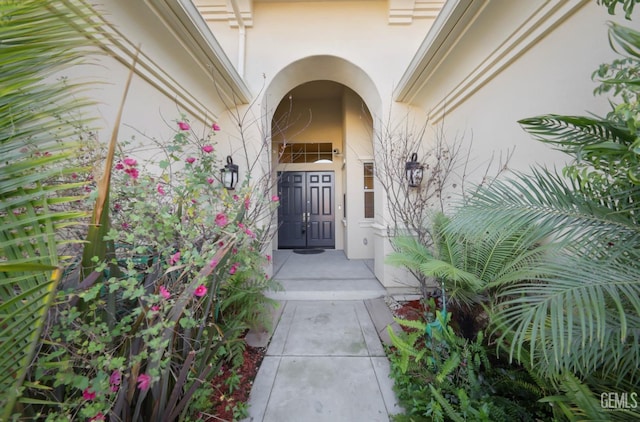 entrance to property featuring stucco siding