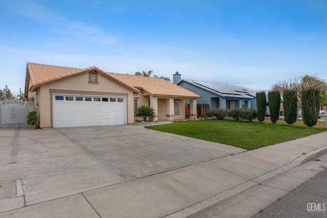 3406 Kimmie Rachelle Ct, Bakersfield, CA 93313 - ranch-style home with a front lawn, stucco siding, a tile roof, a garage, and driveway