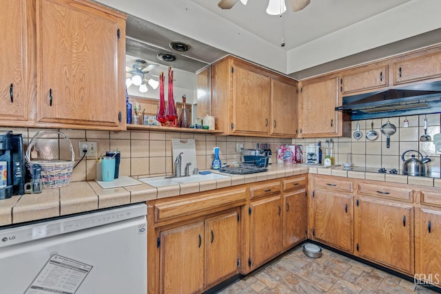 kitchen with backsplash, stone finish floor, ceiling fan, dishwasher, and under cabinet range hood