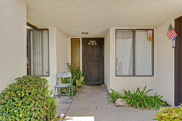 doorway to property featuring stucco siding