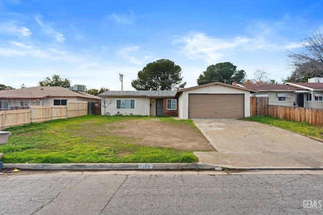 single story home with cooling unit, a garage, and a front yard