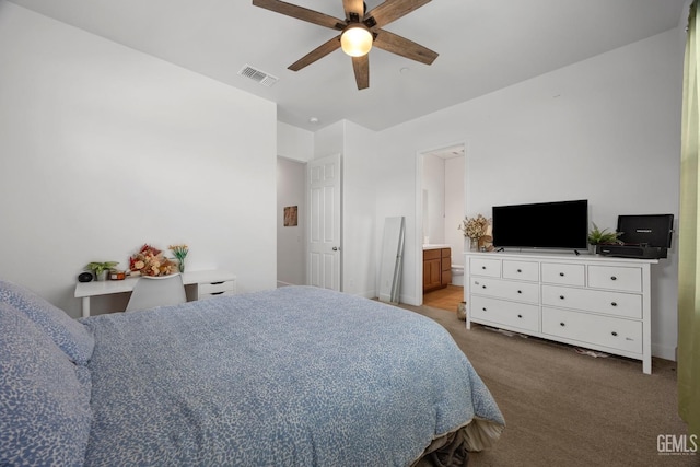 9003 Del Palma Dr, Bakersfield, CA 93314 - carpeted bedroom with a ceiling fan and connected bathroom