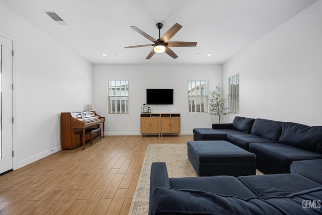 9003 Del Palma Dr, Bakersfield, CA 93314 - living room with light wood-style floors, a ceiling fan, and recessed lighting