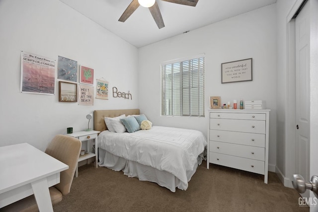 9003 Del Palma Dr, Bakersfield, CA 93314 - bedroom with dark carpet, a closet, and a ceiling fan