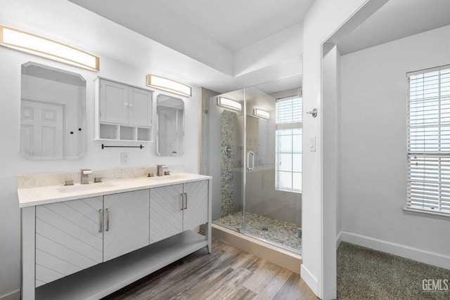 bathroom featuring a sink, baseboards, double vanity, and a shower stall