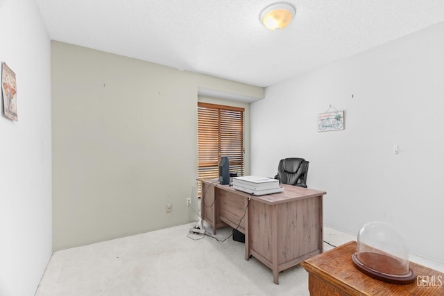 office featuring a textured ceiling and light colored carpet