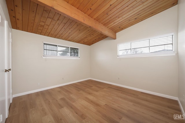 unfurnished room featuring vaulted ceiling with beams, wooden ceiling, baseboards, and wood finished floors