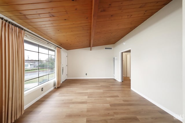 unfurnished room with vaulted ceiling with beams, wooden ceiling, light wood-style flooring, and baseboards