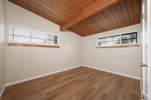 spare room with lofted ceiling with beams, wood ceiling, a wealth of natural light, and baseboards