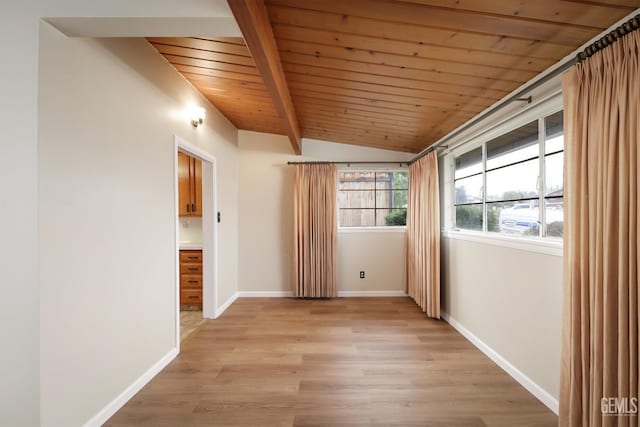 unfurnished room featuring lofted ceiling with beams, light wood-type flooring, wood ceiling, and baseboards