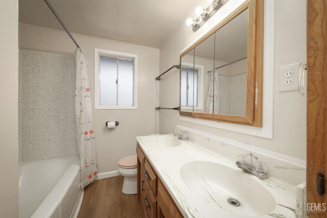 bathroom featuring toilet, double vanity, a sink, and wood finished floors