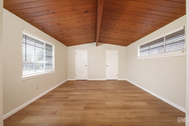 interior space featuring lofted ceiling with beams, wooden ceiling, and light wood-style floors