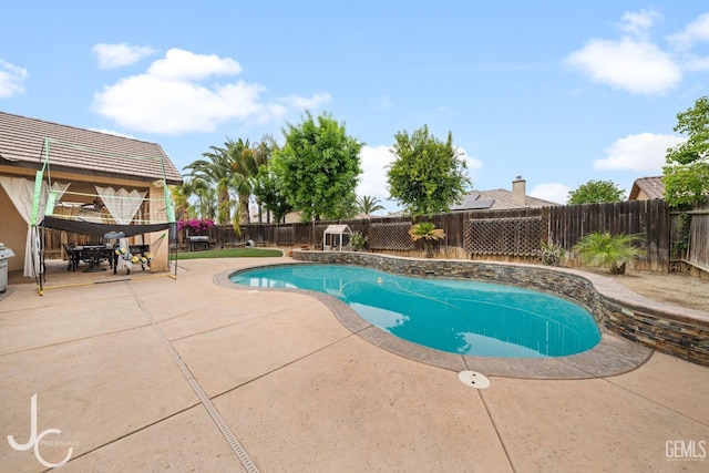 view of swimming pool with a fenced backyard, a patio area, and a fenced in pool