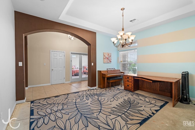 interior space with light tile patterned floors, arched walkways, an inviting chandelier, french doors, and visible vents