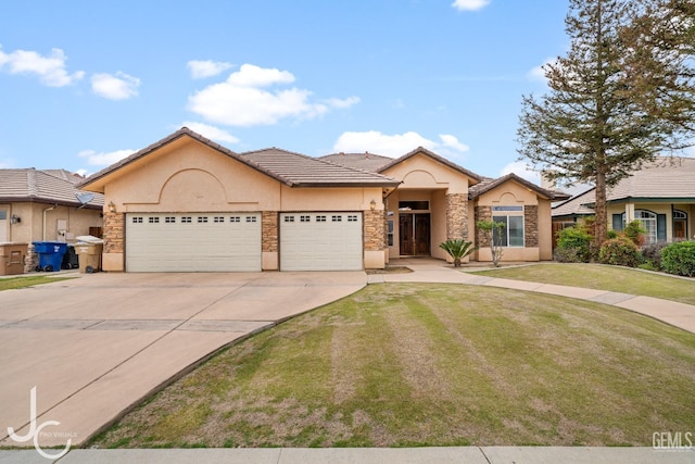 single story home featuring stone siding, concrete driveway, an attached garage, a front yard, and stucco siding