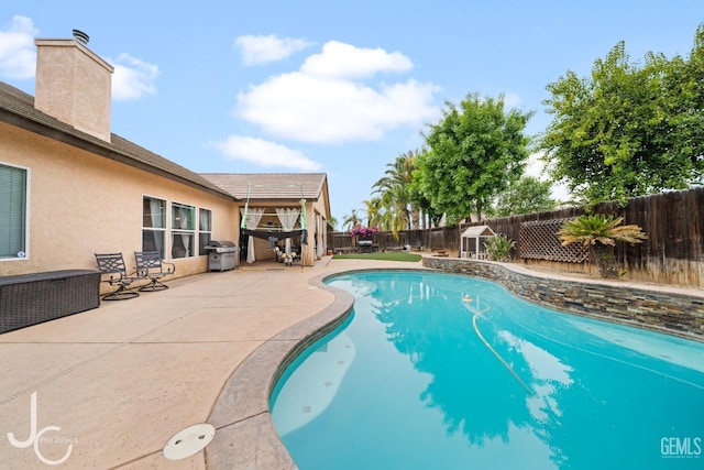 view of swimming pool featuring a fenced backyard, a grill, a patio area, and a fenced in pool