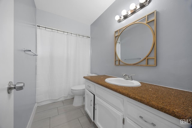 bathroom with vanity, a shower with shower curtain, tile patterned flooring, and toilet