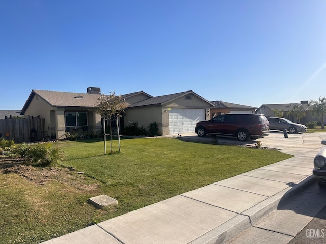 single story home with a front lawn, fence, concrete driveway, stucco siding, and an attached garage