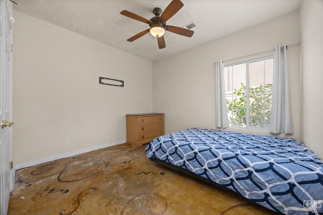 bedroom with baseboards, visible vents, and a ceiling fan