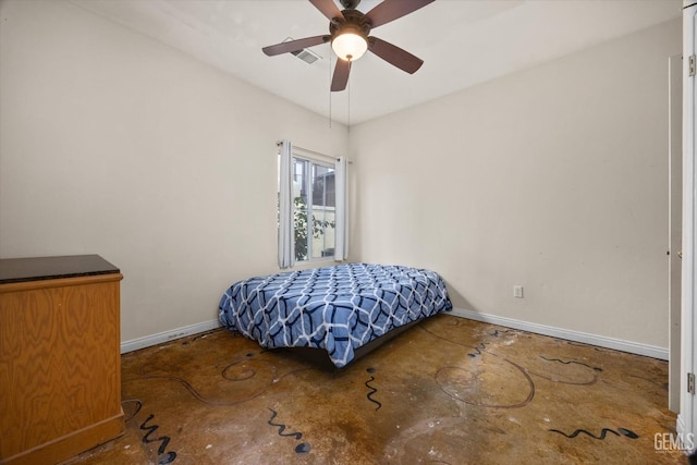 bedroom with visible vents, baseboards, and ceiling fan