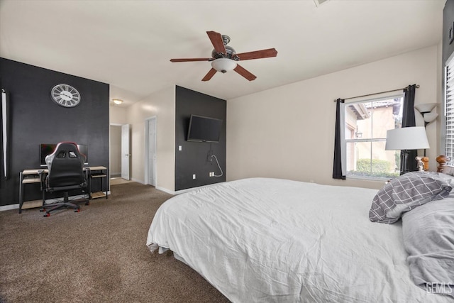 bedroom with carpet, ceiling fan, and baseboards