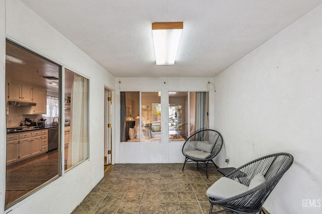 living area with sink, a healthy amount of sunlight, and a textured ceiling