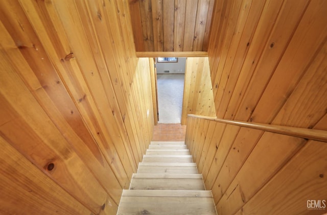 stairway with wood walls