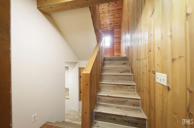 stairway with wooden walls