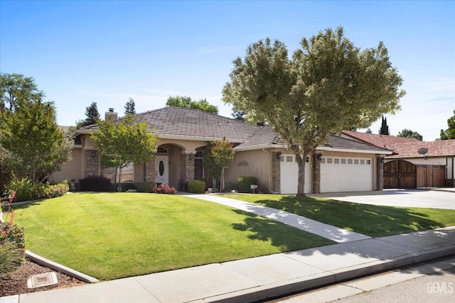 single story home with a garage, stucco siding, driveway, and a front lawn