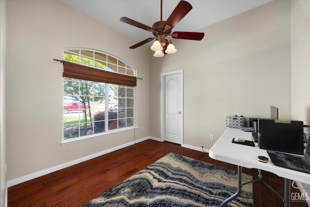 office area featuring baseboards, plenty of natural light, high vaulted ceiling, and wood finished floors