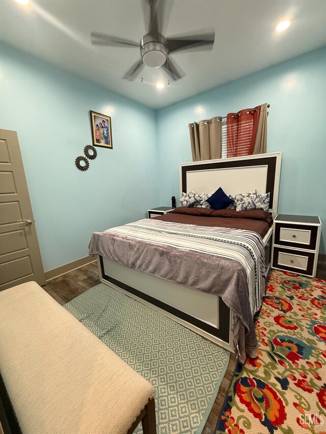 5917 Hawthorn Tree Ln, Bakersfield, CA 93313 - bedroom featuring baseboards, recessed lighting, wood finished floors, and ceiling fan