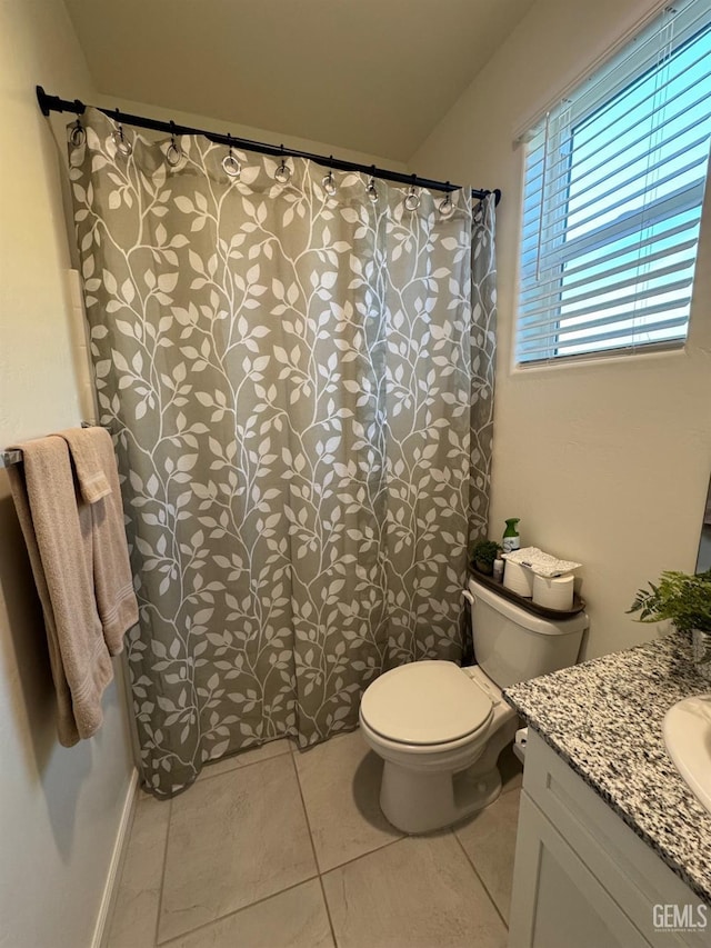 bathroom with toilet, tile patterned flooring, a shower with shower curtain, and vanity