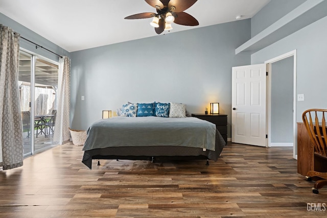 bedroom featuring baseboards, wood finished floors, a ceiling fan, and access to outside