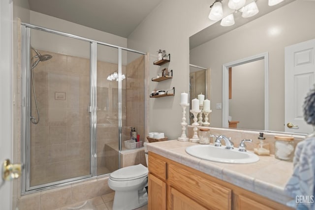 bathroom featuring vanity, toilet, and a shower with shower door