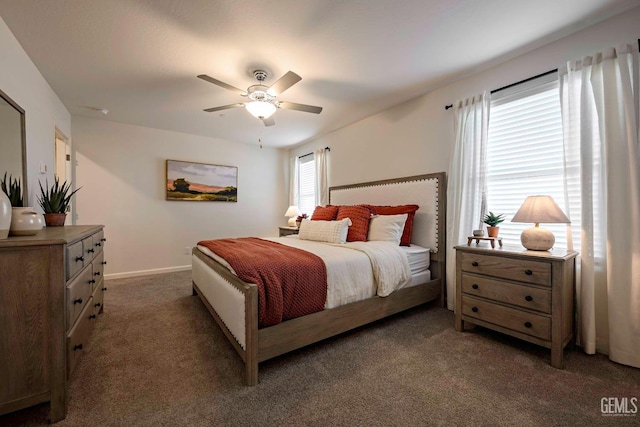 carpeted bedroom featuring ceiling fan