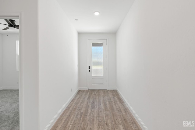 6501 Thunder Trail Dr, Bakersfield, CA 93313 - doorway to outside featuring light wood-style floors, a ceiling fan, and recessed lighting