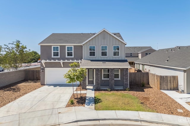 6501 Thunder Trail Dr, Bakersfield, CA 93313 - view of front of property featuring board and batten siding, concrete driveway, a garage, roof with shingles, and covered porch