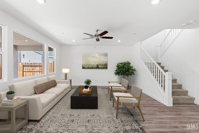 6501 Thunder Trail Dr, Bakersfield, CA 93313 - living area featuring wood finished floors, stairway, recessed lighting, and a ceiling fan