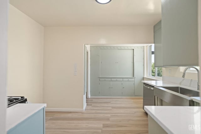 kitchen with light hardwood / wood-style floors, stainless steel dishwasher, and sink